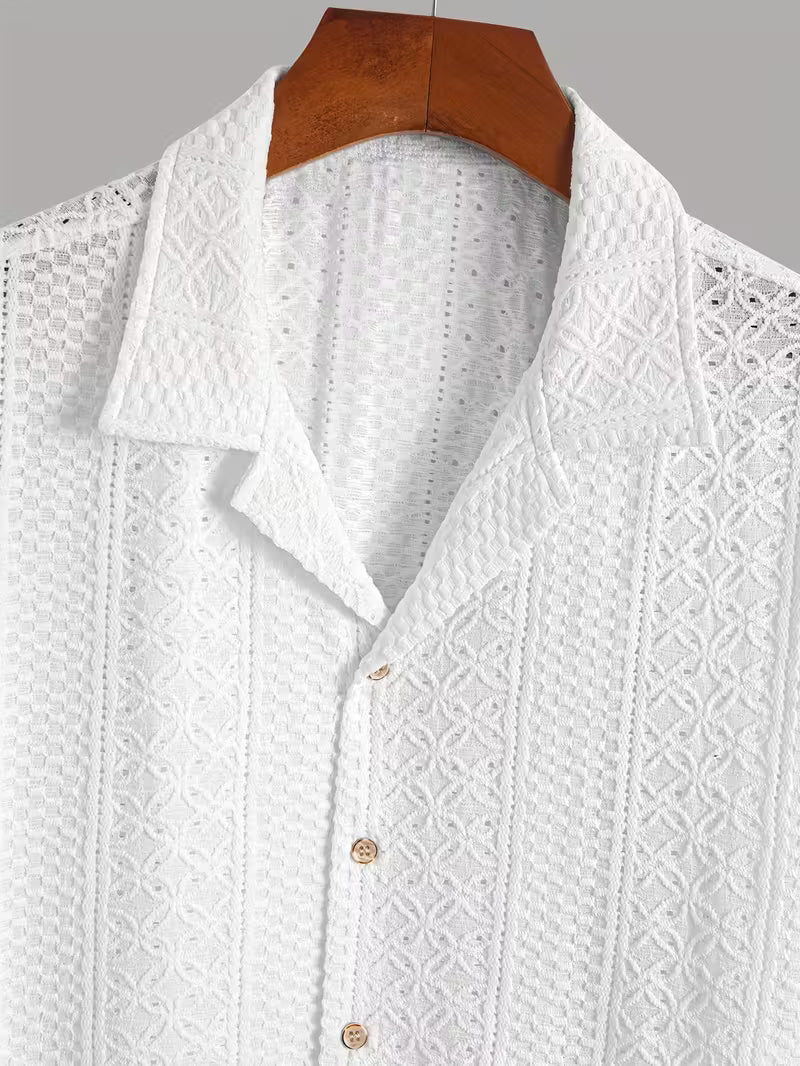 Men’s Summer Jacquard Short Sleeve Shirt – Hollow Geometric Knit, Soft & Breathable Casual Tee
