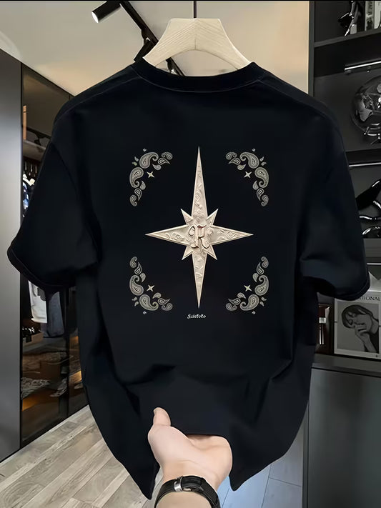 Men’s Loose-Fit Cotton Compass & Floral Print T-Shirt – Summer Casual Top