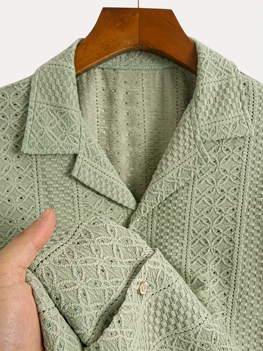 Men’s Summer Jacquard Short Sleeve Shirt – Hollow Geometric Knit, Soft & Breathable Casual Tee
