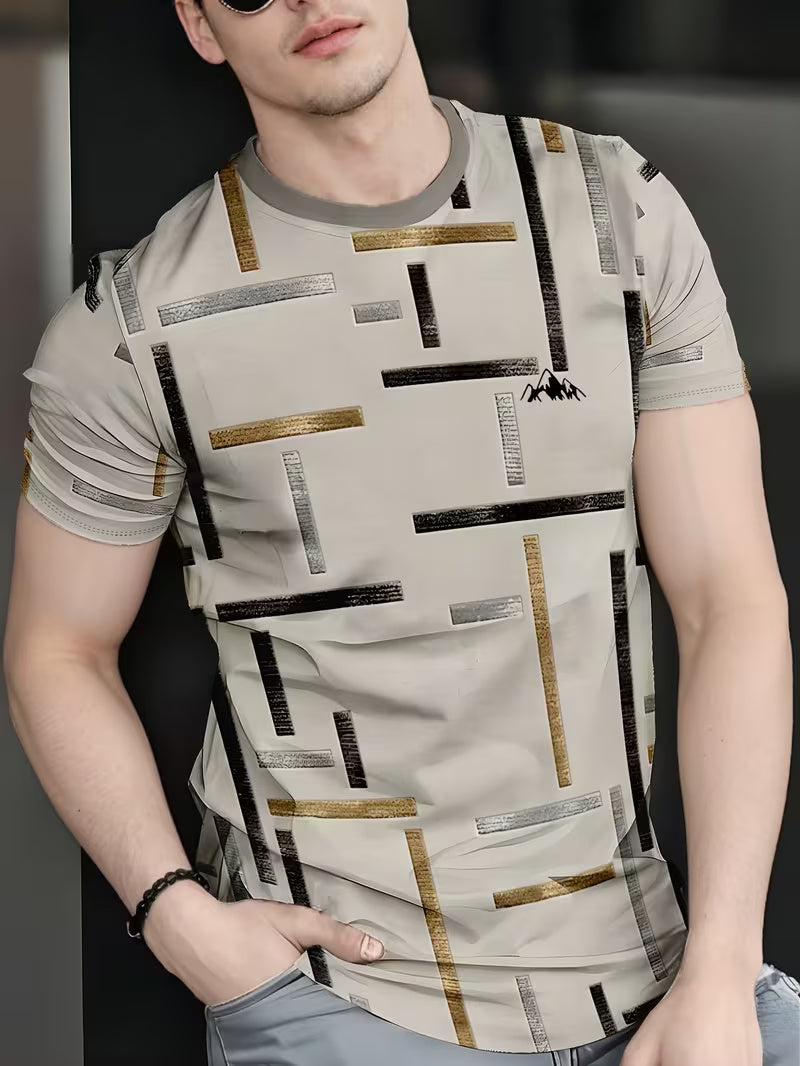 Men’s Black & Gold Stripe Graphic T-Shirt – Short Sleeve Crew Neck Casual Tee for Summer Style