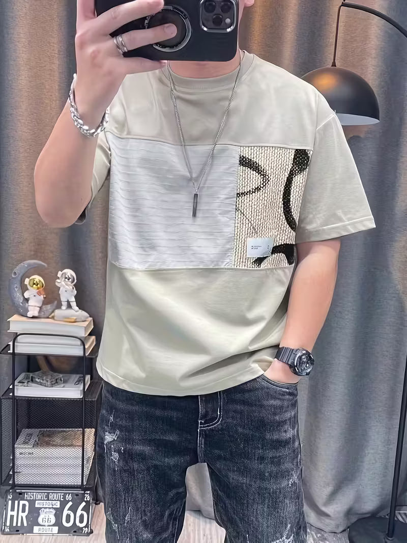 Men’s Slim-Fit Geometric Pattern Short Sleeve T-Shirt – Lightweight Summer Casual Tee