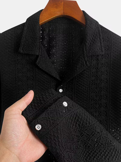 Men’s Summer Jacquard Short Sleeve Shirt – Hollow Geometric Knit, Soft & Breathable Casual Tee