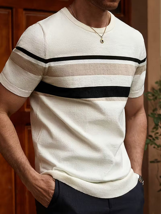 Men’s Casual Striped Knit Short Sleeve T-Shirt – Beige & Black
