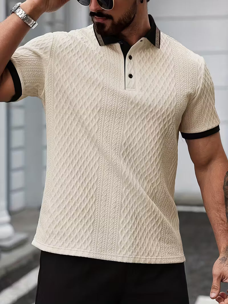 Men’s Beige & Black Contrast Collar Shirt – Breathable Quick-Dry Short Sleeve for Golf, Office & Casual Wear