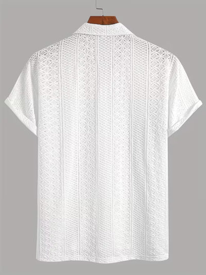 Men’s Summer Jacquard Short Sleeve Shirt – Hollow Geometric Knit, Soft & Breathable Casual Tee