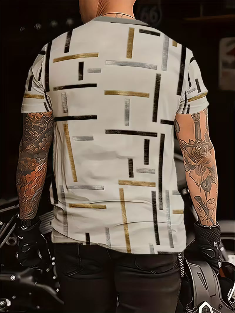 Men’s Black & Gold Stripe Graphic T-Shirt – Short Sleeve Crew Neck Casual Tee for Summer Style