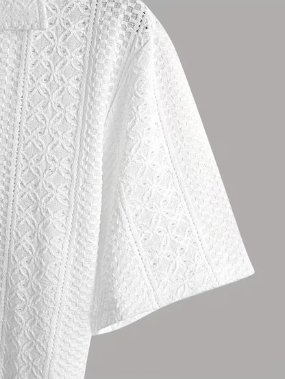 Men’s Summer Jacquard Short Sleeve Shirt – Hollow Geometric Knit, Soft & Breathable Casual Tee