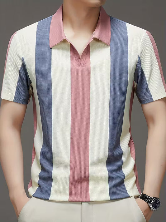 Men’s Golf Polo Shirt – Breathable Stripe Pique Jersey, V-Neck, Asymmetrical Hem, Casual Long Sleeve