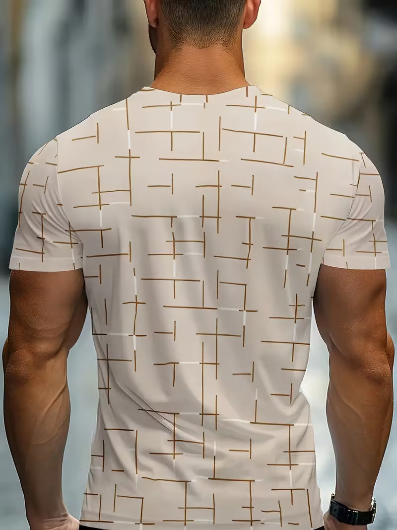 Men’s Beige Graphic T-Shirt – Minimalist Geometric & Number 18 Design, Soft Round Neck, Casual & Smart Wear