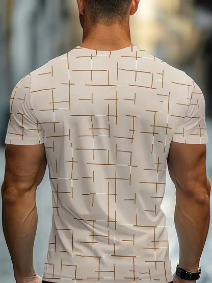 Men’s Beige Graphic T-Shirt – Minimalist Geometric & Number 18 Design, Soft Round Neck, Casual & Smart Wear