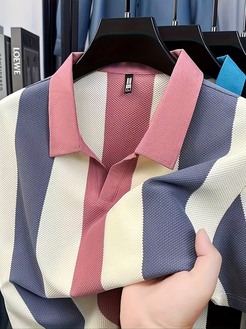 Men’s Golf Polo Shirt – Breathable Stripe Pique Jersey, V-Neck, Asymmetrical Hem, Casual Long Sleeve