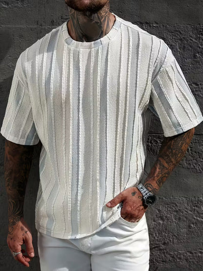 Men’s Striped Summer T-Shirt – Loose Fit, Breathable Cotton Blend, Round Neck Casual Tee for Everyday Comfort