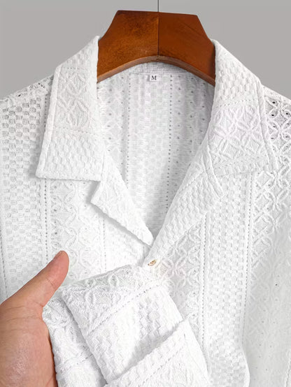 Men’s Summer Jacquard Short Sleeve Shirt – Hollow Geometric Knit, Soft & Breathable Casual Tee