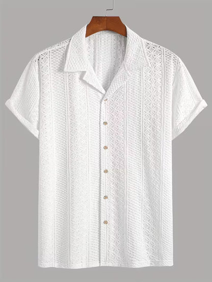 Men’s Summer Jacquard Short Sleeve Shirt – Hollow Geometric Knit, Soft & Breathable Casual Tee