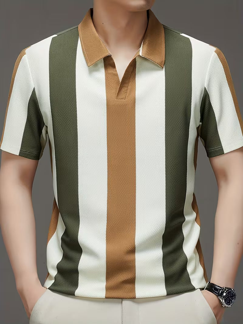 Men’s Golf Polo Shirt – Breathable Stripe Pique Jersey, V-Neck, Asymmetrical Hem, Casual Long Sleeve
