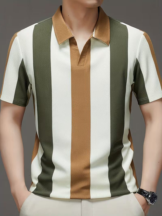 Men’s Golf Polo Shirt – Breathable Stripe Pique Jersey, V-Neck, Asymmetrical Hem, Casual Long Sleeve