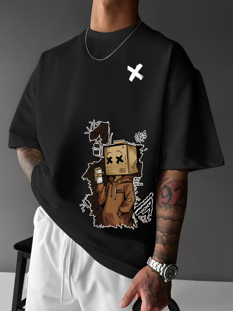 Men’s Japanese Anime Graphic Cotton T-Shirt – Retro Pixel Art Design