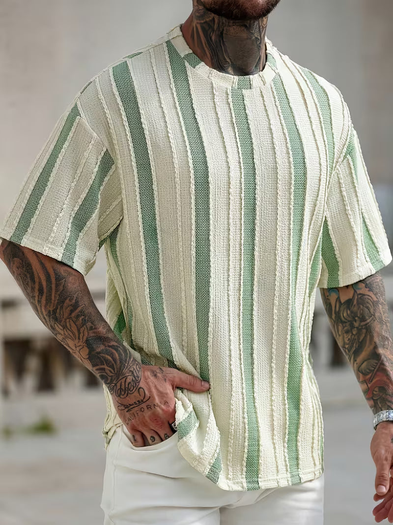 Men’s Striped Summer T-Shirt – Loose Fit, Breathable Cotton Blend, Round Neck Casual Tee for Everyday Comfort
