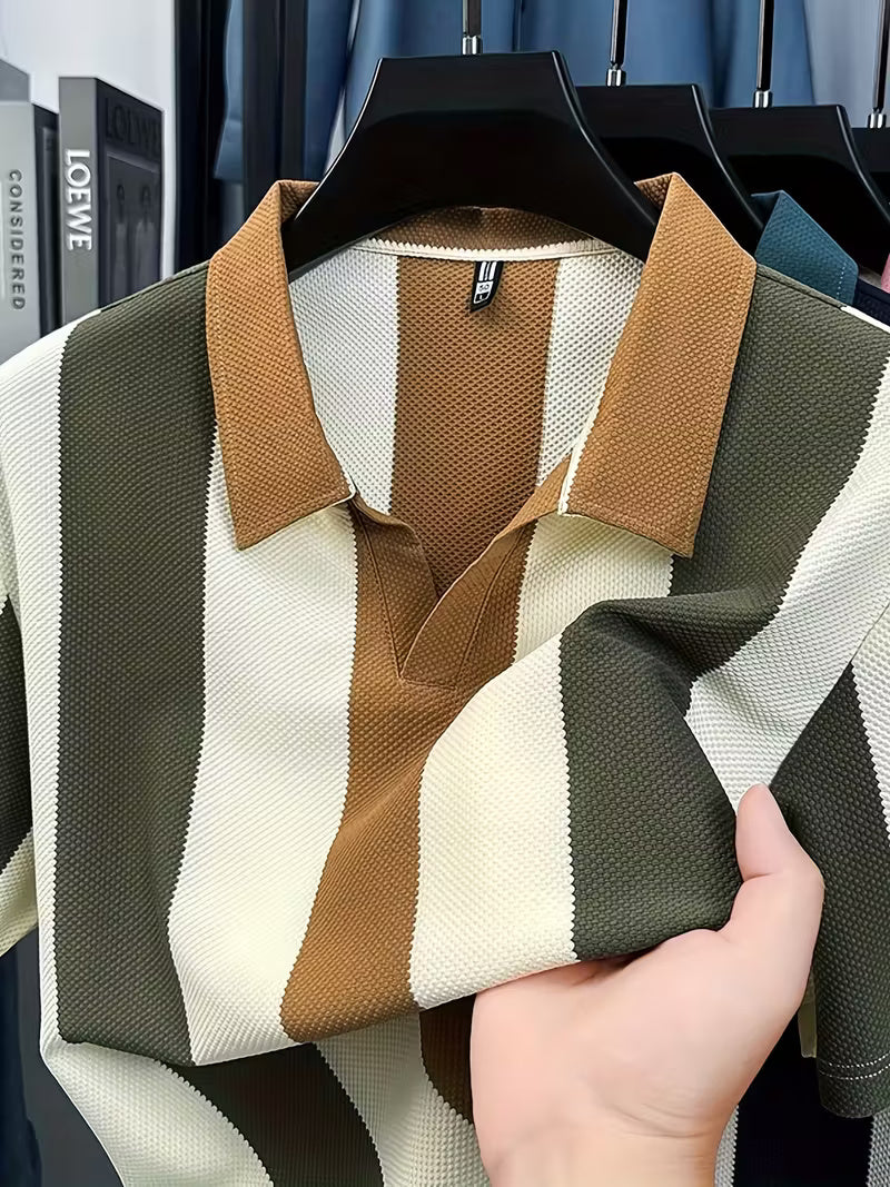 Men’s Golf Polo Shirt – Breathable Stripe Pique Jersey, V-Neck, Asymmetrical Hem, Casual Long Sleeve