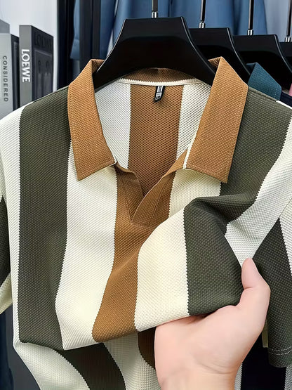 Men’s Golf Polo Shirt – Breathable Stripe Pique Jersey, V-Neck, Asymmetrical Hem, Casual Long Sleeve