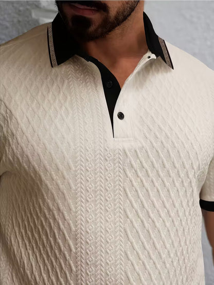 Men’s Beige & Black Contrast Collar Shirt – Breathable Quick-Dry Short Sleeve for Golf, Office & Casual Wear