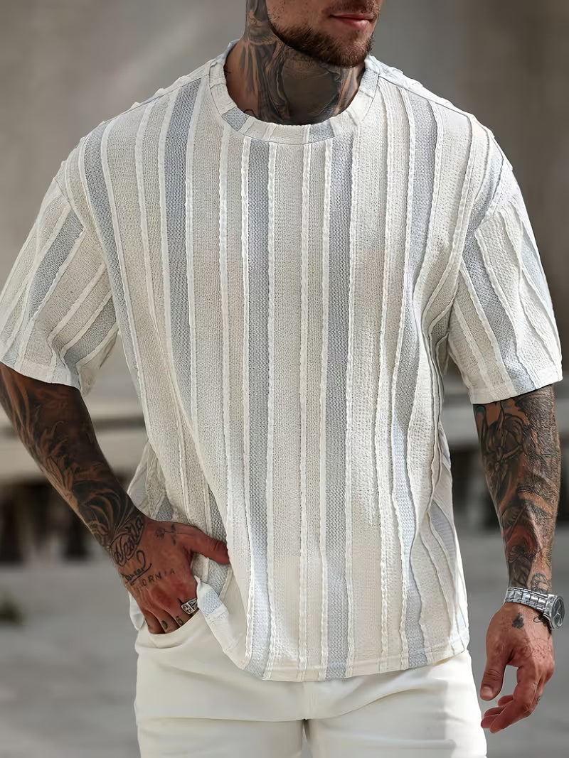 Men’s Striped Summer T-Shirt – Loose Fit, Breathable Cotton Blend, Round Neck Casual Tee for Everyday Comfort