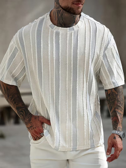 Men’s Striped Summer T-Shirt – Loose Fit, Breathable Cotton Blend, Round Neck Casual Tee for Everyday Comfort