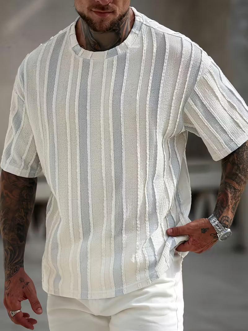 Men’s Striped Summer T-Shirt – Loose Fit, Breathable Cotton Blend, Round Neck Casual Tee for Everyday Comfort