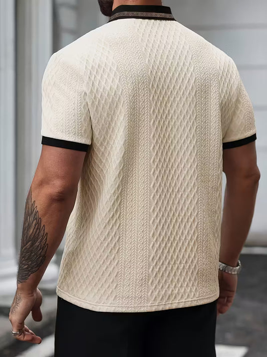 Men’s Beige & Black Contrast Collar Shirt – Breathable Quick-Dry Short Sleeve for Golf, Office & Casual Wear