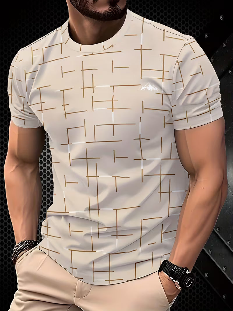 Men’s Beige Graphic T-Shirt – Minimalist Geometric & Number 18 Design, Soft Round Neck, Casual & Smart Wear