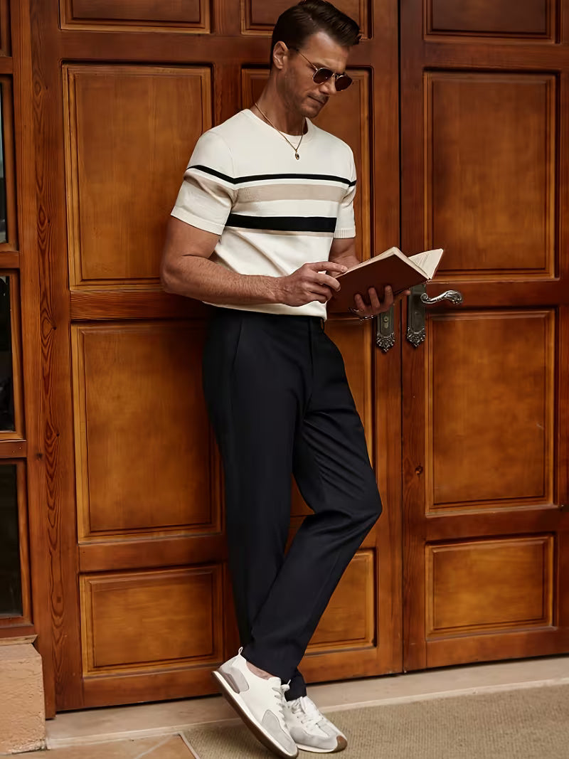 Men’s Casual Striped Knit Short Sleeve T-Shirt – Beige & Black