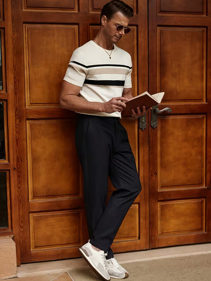 Men’s Casual Striped Knit Short Sleeve T-Shirt – Beige & Black