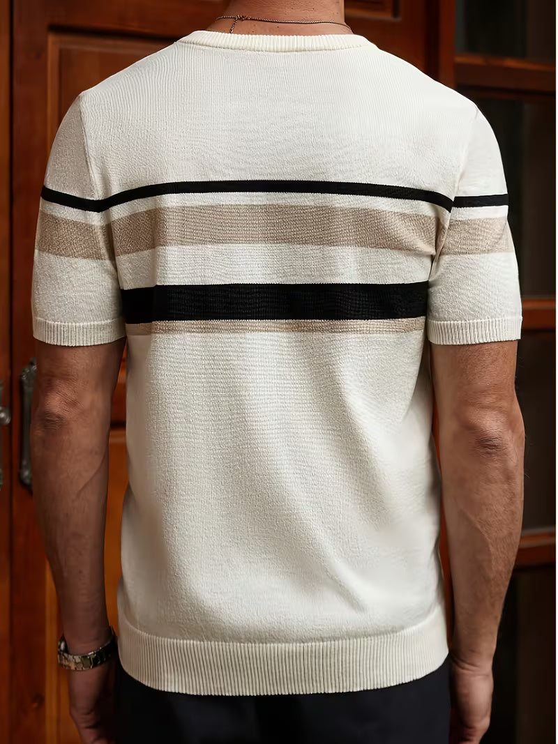 Men’s Casual Striped Knit Short Sleeve T-Shirt – Beige & Black