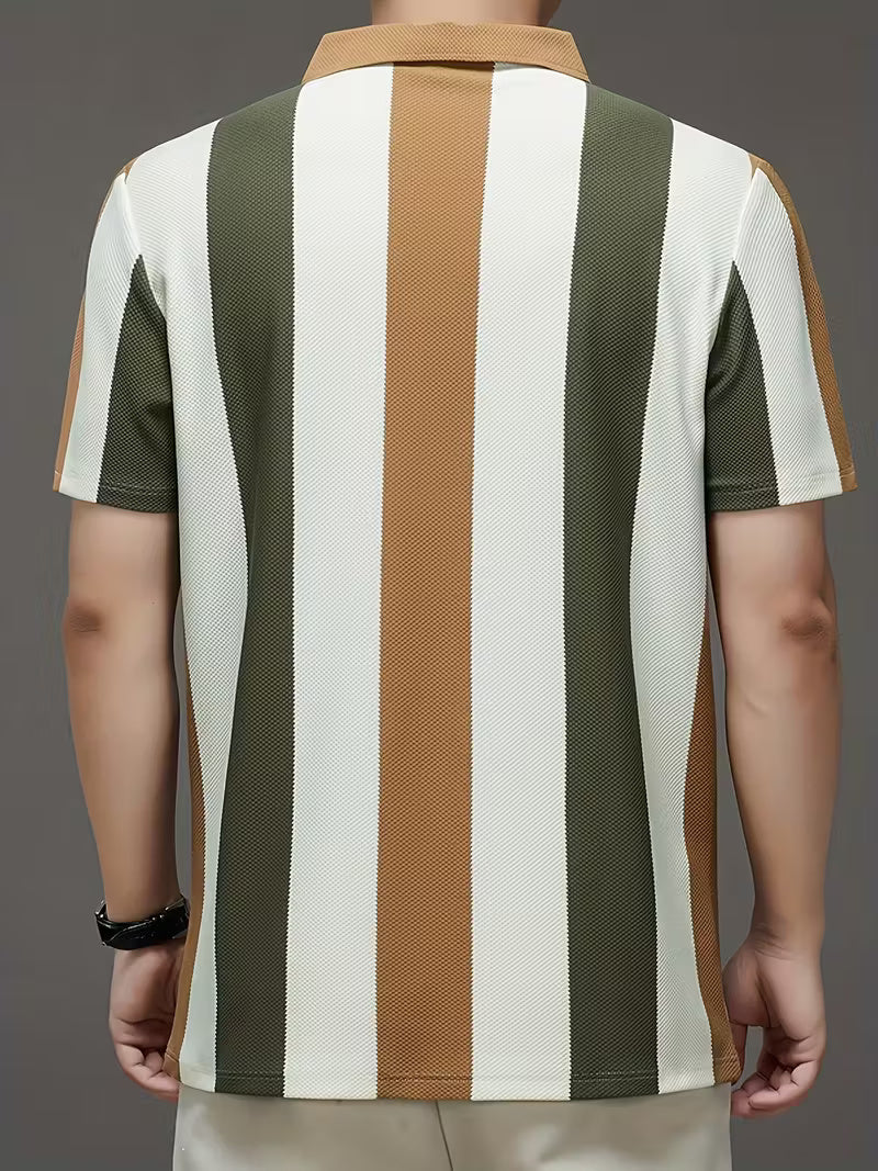 Men’s Golf Polo Shirt – Breathable Stripe Pique Jersey, V-Neck, Asymmetrical Hem, Casual Long Sleeve