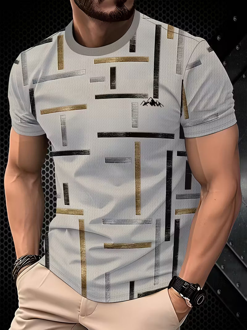 Men’s Black & Gold Stripe Graphic T-Shirt – Short Sleeve Crew Neck Casual Tee for Summer Style