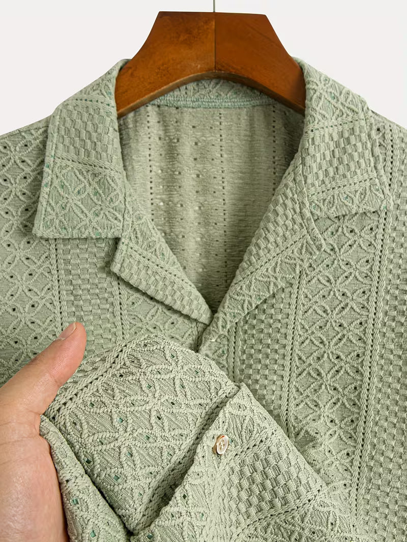 Men’s Summer Jacquard Short Sleeve Shirt – Hollow Geometric Knit, Soft & Breathable Casual Tee