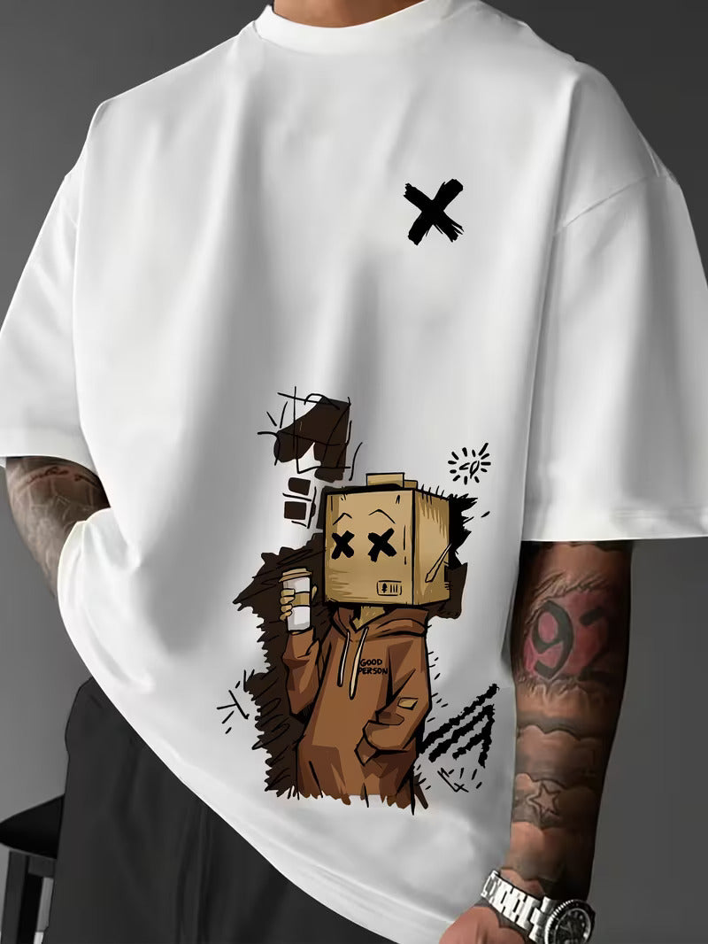 Men’s Japanese Anime Graphic Cotton T-Shirt – Retro Pixel Art Design